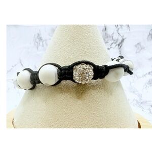 Boho Macrame Bracelet White Veined Natural Stone Beads Pave Accents 7–10"